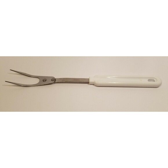 Robinson Knife Stainless Steel Meat Fork 2 Wide Prong 11" White Handle Vintage - Picture 1 of 6